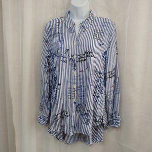 Chico's Long Sleeve Blue & White Striped Button Down Shirt Poplin Blouse Size 12